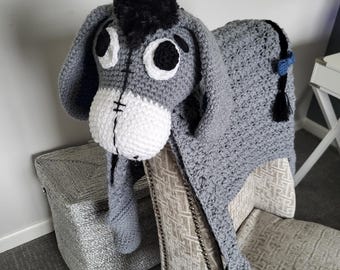Handmade Crochet Cuddle and Play Eeyore Blanket, Perfect Nursery Decor For Winnie the Pooh lovers! Made to Order with Free Shipping!