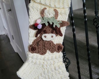 Handmade Crochet Highland Cow Christmas Stocking, Boho Inspired Stocking, Amara Design by Nella's Cottage, Ready to ship! Free Shipping!