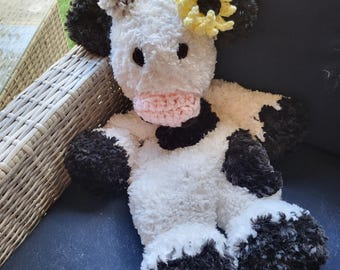 Crochet Cow Lovey made with Faux Fur Yarn! Marley Moo Pattern designed by NellasCottage. Plush stuffie that will be the perfect snuggler!
