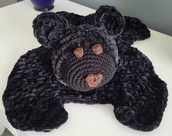 Handmade Crochet Black Velvet Bear Lovey, Super Soft and Cuddly, 18 inches by 18 inches. Made to Order! Free Shipping!