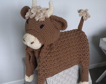 Handmade Cuddle and Play Highland Cow Blanket, Crochet Baby Play Mat, Highland Cow Nursery Decor,  Cuddle Toy, Made to Order, Free Shipping!