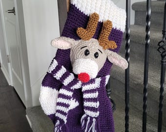 Handmade Crocheted Christmas Stocking with Reindeer 3D Applique.  Made to Order! Free Shipping!  Will be shipped within 5 days of your order