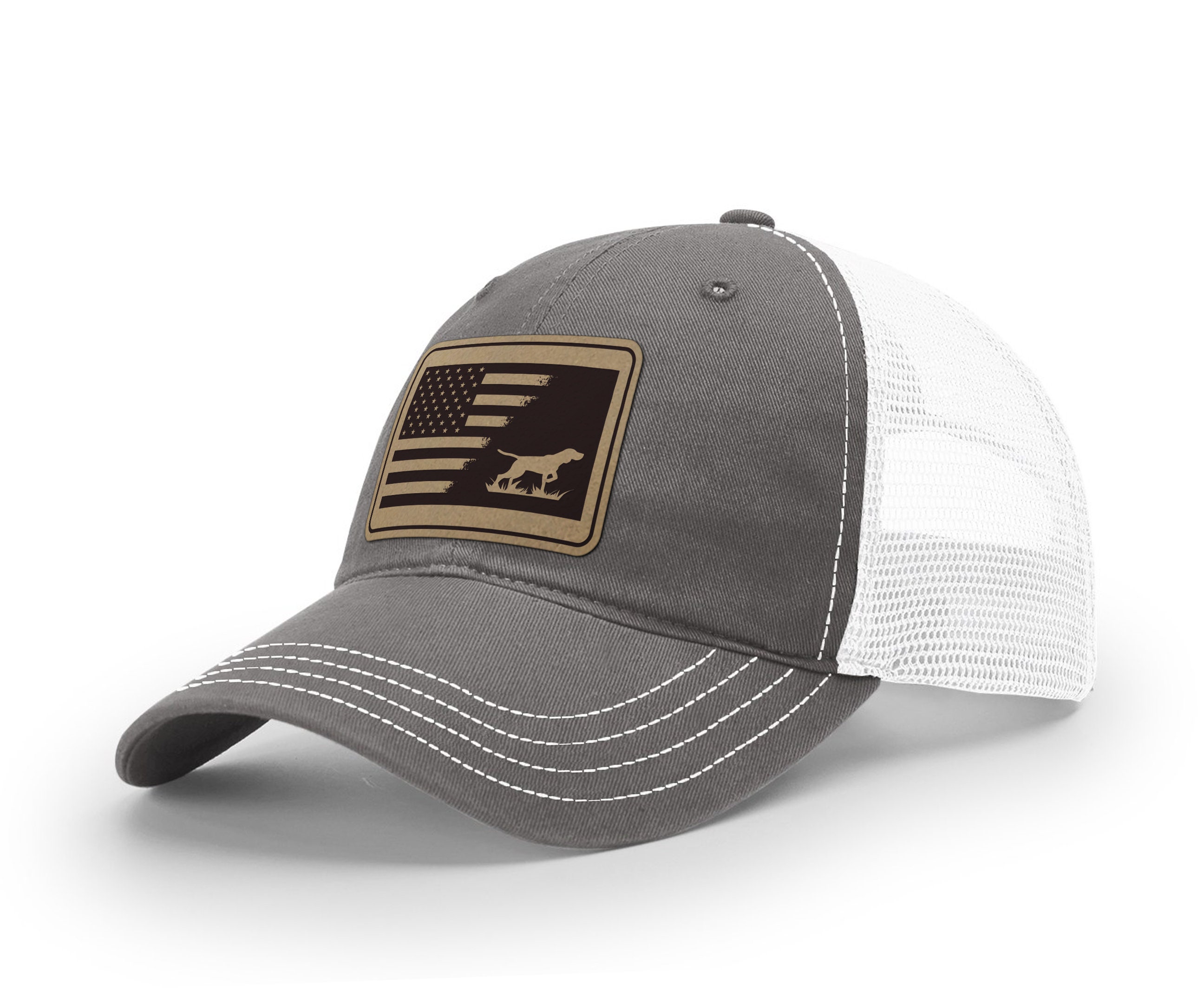Bird Dog Flag Leather Engraved Garment Washed Trucker Hat, Labrador Retriever, Hunting Gift, Patch Hats for Men, German Shorthaired Pointer