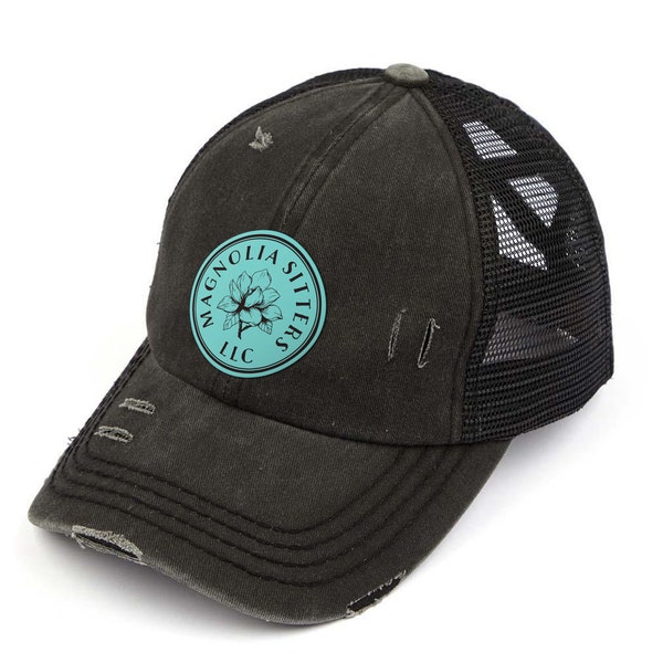 Criss Cross Pony Tail Hat, Garment Washed Trucker Cap, Hat for Her, Laser Engraved Custom Leather Patch, Personalized Hat, Unstructured Hat