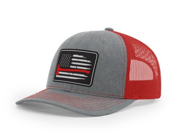 Thin Red Line Flag Leather Engraved Trucker Hat, First Responder, Firefighter Gift for Him, Leather Patch Hats for Men, American Flag