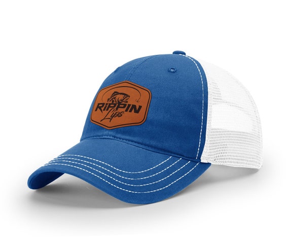 Ripping Lips Leather Engraved Garment Washed Trucker Hat, Fishing