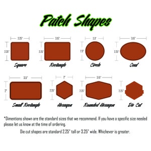 May include: Diagram showing different patch shapes with measurements in inches. Shapes include square, rectangle, circle, oval, small rectangle, hexagon, rounded hexagon, and die cut.