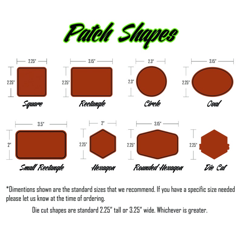 May include: Diagram showing different patch shapes with measurements in inches. Shapes include square, rectangle, circle, oval, small rectangle, hexagon, rounded hexagon, and die cut.