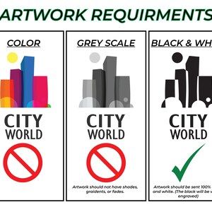May include: Artwork requirements for a city skyline design. The first image shows a colorful city skyline with a sun. The second image shows a grayscale city skyline. The third image shows a black and white city skyline. The text below each image explains the requirements for each color scheme.