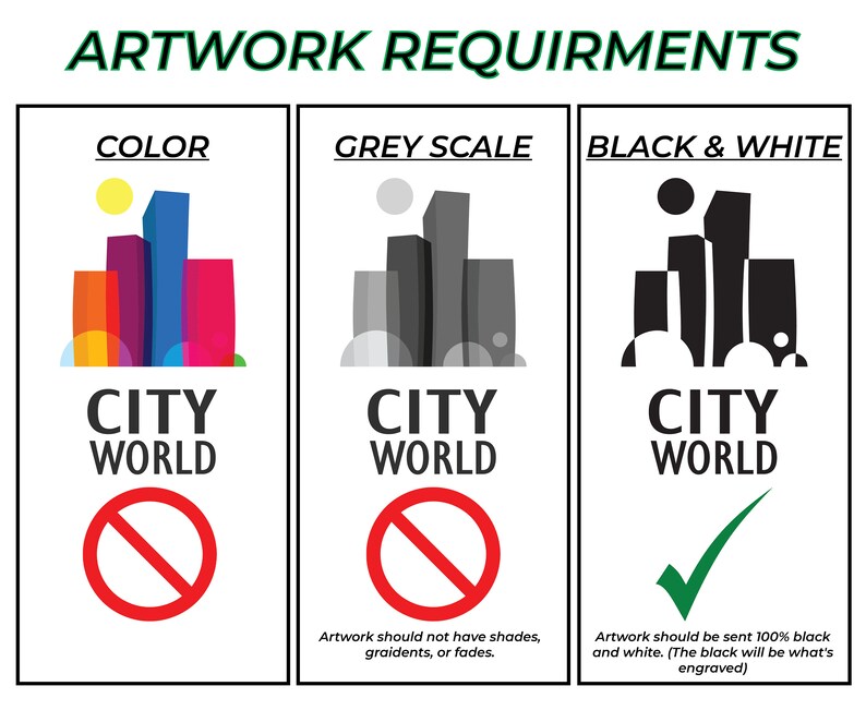 May include: Artwork requirements for a city skyline design. The first image shows a colorful city skyline with a sun. The second image shows a grayscale city skyline. The third image shows a black and white city skyline. The text below each image explains the requirements for each color scheme.