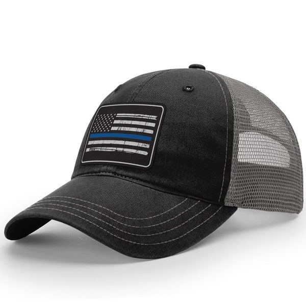 Thin Blue Line Flag, Leather Engraved Garment Washed Trucker Cap, First Responder, Police Gift, Leather Patch Hats for Men, Dad Cap, R111