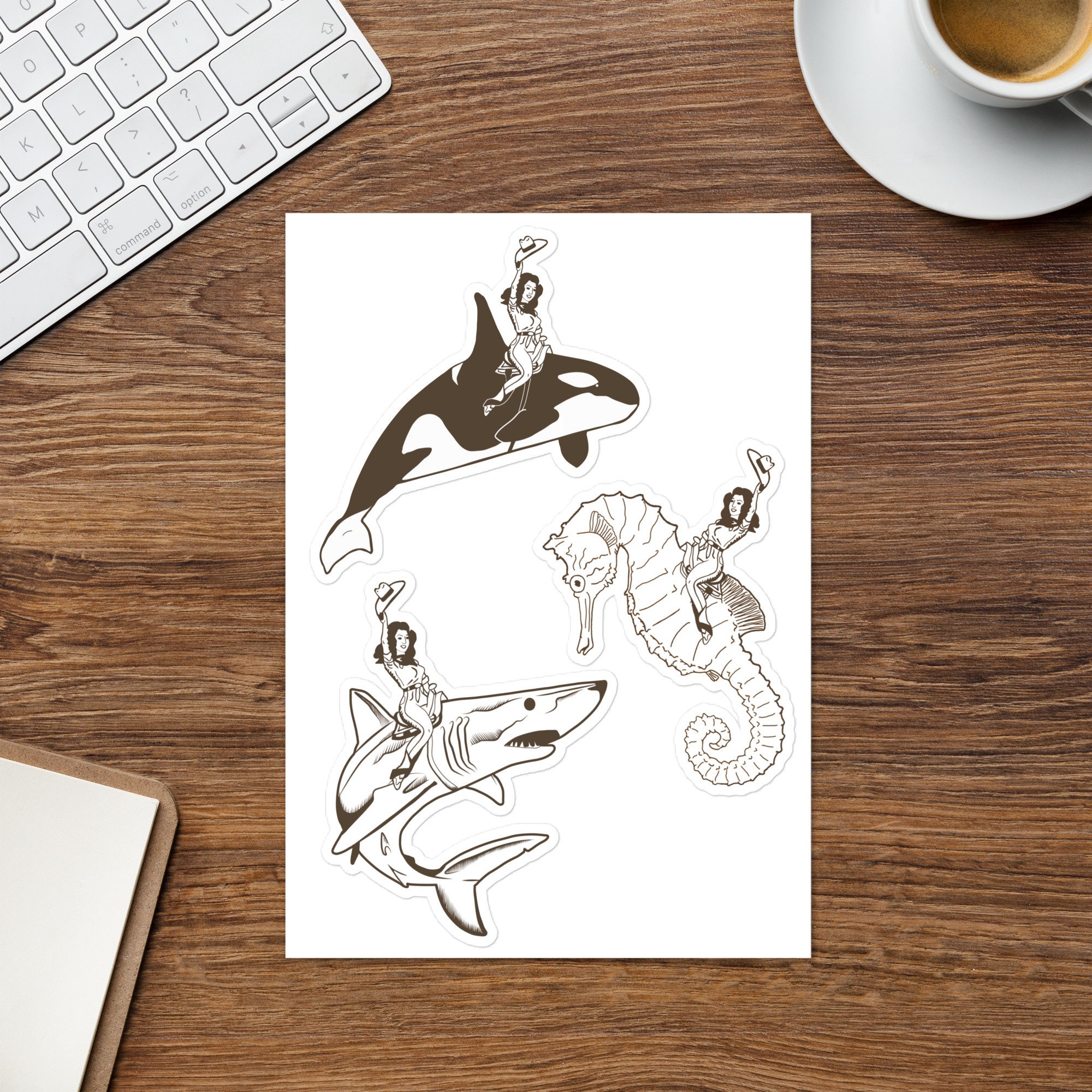 海底ロデオセット - ビニールステッカー3枚 - シャチ、タツノオトシゴ