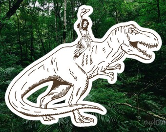 May include: A line drawing of a woman riding a Tyrannosaurus Rex through a lush green forest. The woman is wearing a hat and is holding her arm up in the air. The dinosaur is facing to the right and has its mouth open.