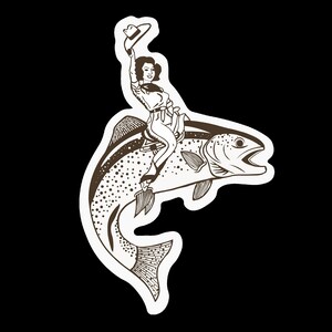 May include: A black and white illustration of a woman wearing a cowboy hat riding a fish.
