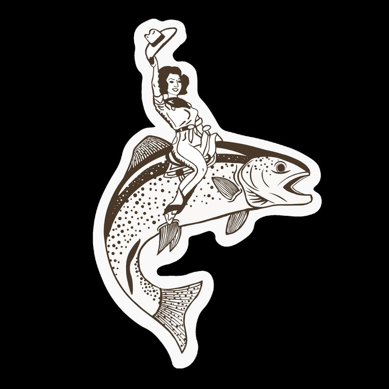 May include: A black and white illustration of a woman wearing a cowboy hat riding a fish.