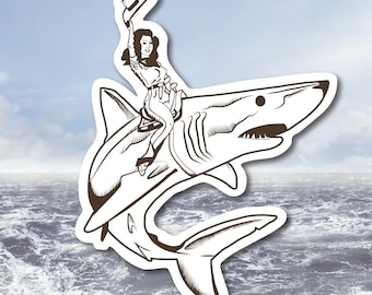 May include: A black and white line drawing of a woman riding a shark. The woman is wearing a cowboy hat and a dress. The shark is jumping out of the water.