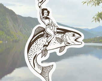 May include: A black and white illustration of a woman riding a trout fish. The woman is wearing a hat and a long dress. The fish is jumping out of the water.