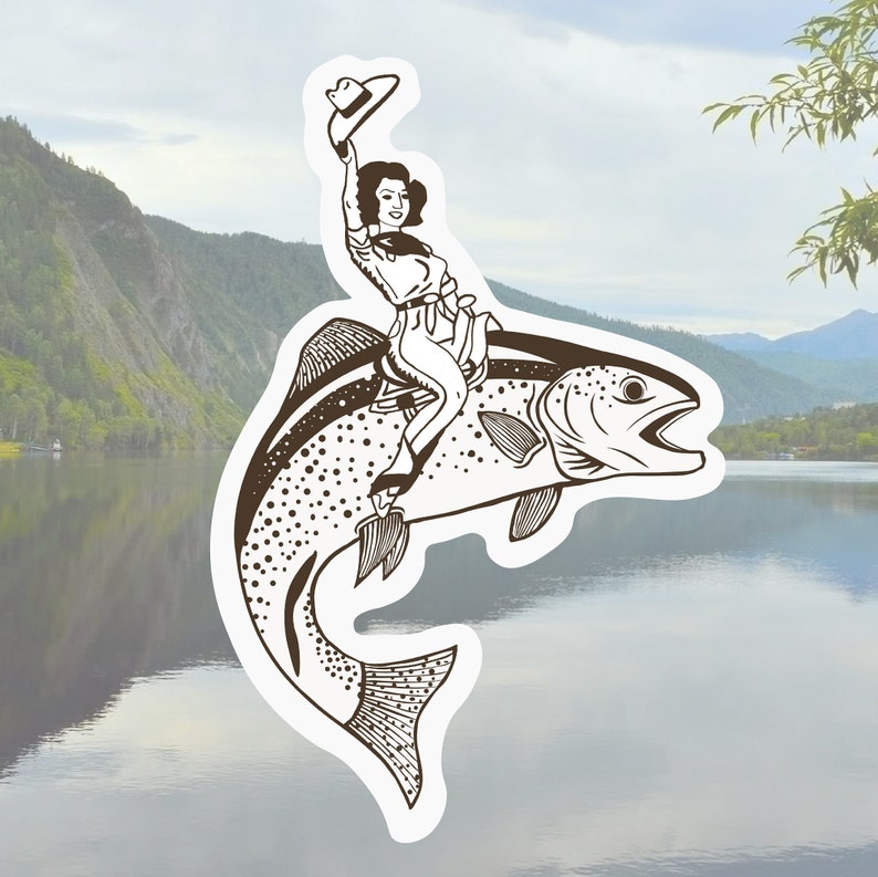 May include: A black and white illustration of a woman riding a trout fish. The woman is wearing a hat and a long dress. The fish is jumping out of the water.
