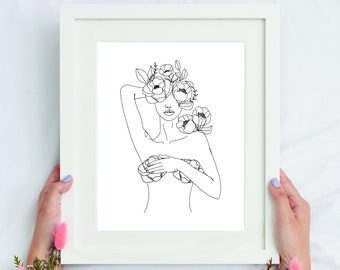 Moeder Natuur, Flower Art Print Download, Vrouwen met bloem, Flower Head Art Print, Bloemboeket, Line Art Girl, Lijntekening Bloemen