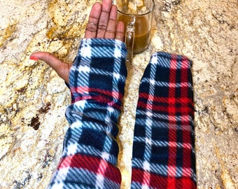 Red & Black Plaid Fingerless Gloves: Fleece Winter Arm Warmers