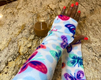 Fleece Fingerless Arm Warmers: Butterfly Print Cozy Mittens