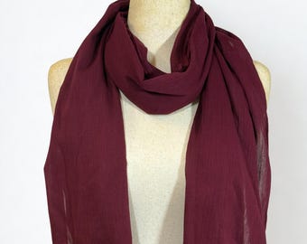 Women’s Scarf, Soft Lightweight Cotton Gauze Headband, Hijab Head Tie, Burgundy Scarves Wrap, 24" x 75"