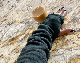 Fleece Fingerless Gloves, Black Arm Warmers, Texting Mittens