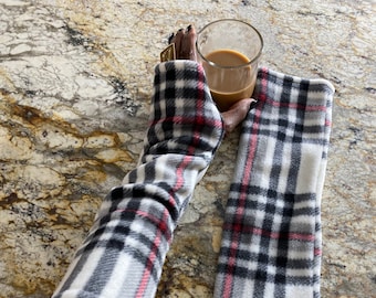 Plaid Fleece Fingerless Gloves, Long Arm Warmers