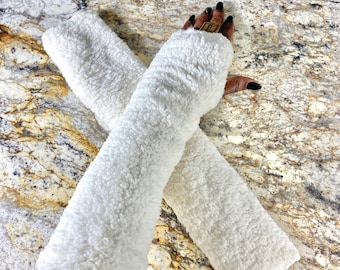 Long Sherpa Fingerless Mittens, Beige Arm Warmers