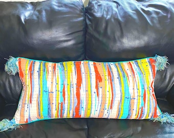 Throw Pillow Cover With Piping and Fringe, Long Pillow Case 14"x30"