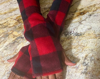 Buffalo Plaid Fleece Fingerless Gloves, Anti Pill Arm Warmers
