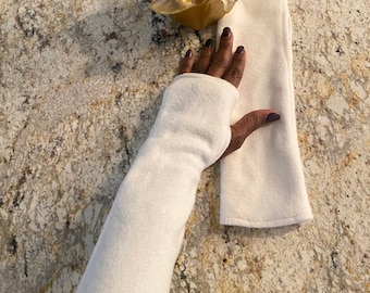 Fleece Fingerless Gloves Christmas Long Texting Mittens Arm Warmers Beige