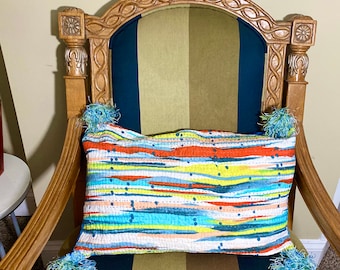 Throw Pillow Cover Embroidered Quilted with Tassels – 14"x20" Blue Accent Pillow