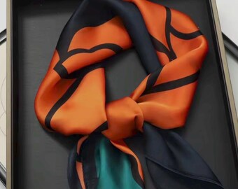 Satin Scarf, Silk Feel Neck Scarf, Floral Square Scarf, Silky Hair Scarf, Turban Head Scarf,  27.5" x 27.5" Emerald Amber