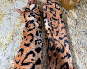Faux Fur Fingerless Gloves, Animal Print Arm Warmers