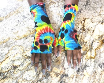 Tie Dye Fingerless Mittens | Plush Hand Warmers, Dog Paw Print