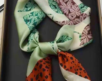 Satin Scarf, Silk Feel Neck Scarf, Floral Square Scarf, Silky Hair Scarf, Turban Head Scarf,  27.5" x 27.5" Spring Honey