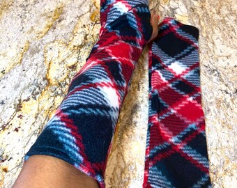 Plaid Fleece Fingerless Mittens, Women's Arm Warmers