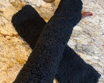 Black Sherpa Fingerless Gloves: Handmade Faux Fur Arm Warmers