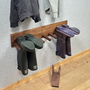 Wooden Boot Rack Wall Mounted Storage Solution Mudroom Organization Entryway Wellington Holder Rustic Design Custom Engraving Walnut Wood