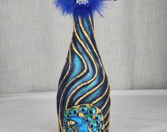 Peacock bottle decoration / ooak / decoration / bar decor