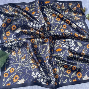 100% Silk Scarf, Pure Silk Neck Scarf, Silk Bandana, Silk Neckerchief, Silk Square Scarf, Silk Hair Scarf, Floral Bird Silk Scarf, 3 for 59 Navy Orange Bugs