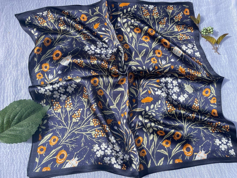 100% Silk Scarf, Pure Silk Neck Scarf, Silk Bandana, Silk Neckerchief, Silk Square Scarf, Silk Hair Scarf, Floral Bird Silk Scarf, 3 for 59 Navy Orange Bugs