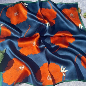 Écharpe 100 % soie, foulard en pure soie, bandana en soie, foulard en soie, écharpe carrée en soie, foulard pour cheveux en soie, écharpe en soie cachemire, 3 pour 59 Navy/Orange Floral