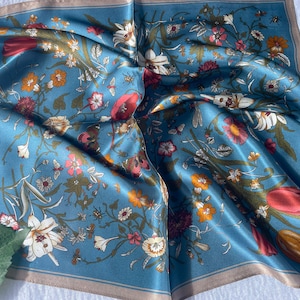 100% Silk Scarf, Pure Silk Neck Scarf, Silk Bandana, Silk Neckerchief, Silk Square Scarf, Silk Hair Scarf, Floral Bird Silk Scarf, 3 for 59 Pastel Blue Floral