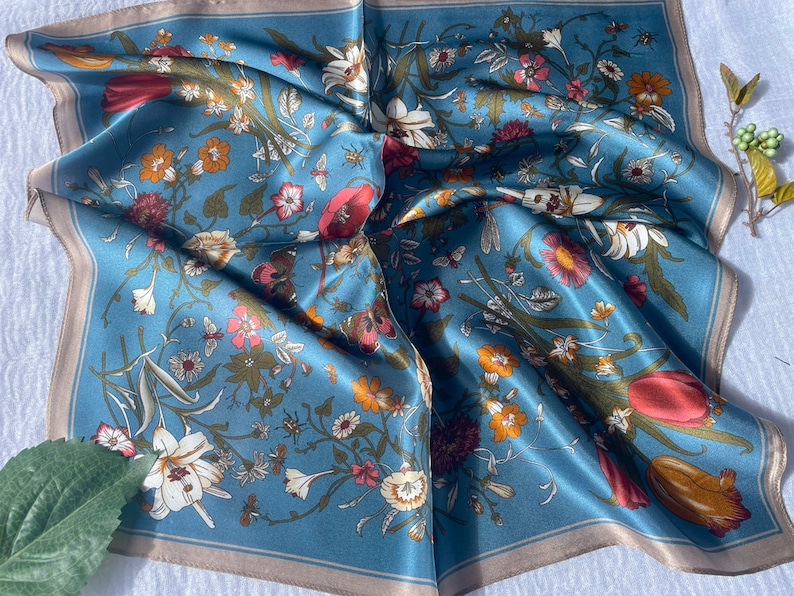 100% Silk Scarf, Pure Silk Neck Scarf, Silk Bandana, Silk Neckerchief, Silk Square Scarf, Silk Hair Scarf, Floral Bird Silk Scarf, 3 for 59 Pastel Blue Floral