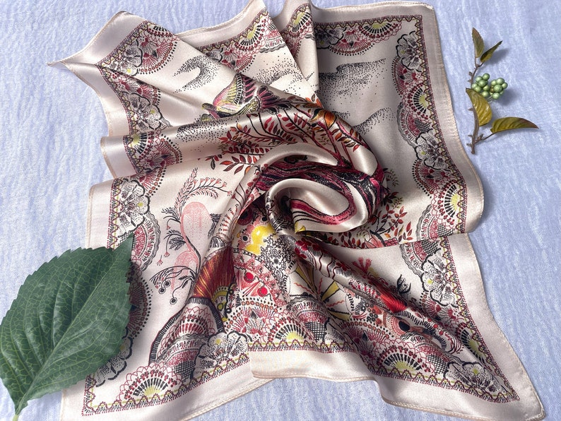 100% Silk Scarf, Pure Silk Neck Scarf, Silk Bandana, Silk Neckerchief, Silk Square Scarf, Silk Hair Scarf, Floral Bird Silk Scarf, 3 for 59 Cream Life Tree