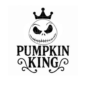 May include: A black and white graphic design featuring a skull wearing a crown, with the words "PUMPKIN KING" beneath. The design is suitable for Halloween-themed items, such as clothing or home decor.