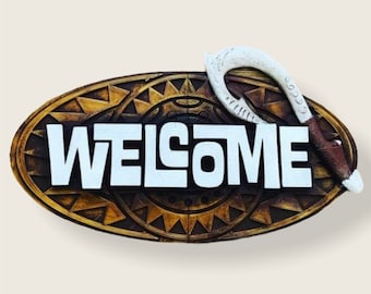 Hand Finished Tiki Welcome Sign: Disney Moana Maui Hook