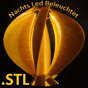 May include: A 3D printed lamp shaped like a twisted, glowing orange. The lamp is lit with LED lights and has the text "Nachts Led Beleuchtet .STL" on the base.
